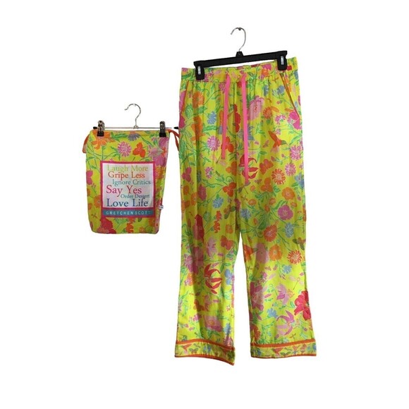 NEW $129 Gretchen Scott Medium 2 Pc Pajamas Lime Green Birds And Bees Top/Pant - Picture 6 of 11